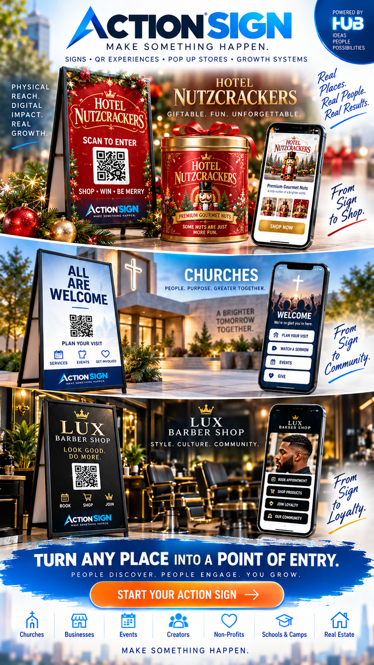 ACTION SIGN vertical hero showing Hotel Nutzcrackers, church, and luxury barber examples