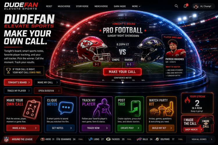 DUDEFAN Elevate Sports glass sphere showing a pro football sports dashboard with player tracking, Clique Notes, and Make the Call controls.