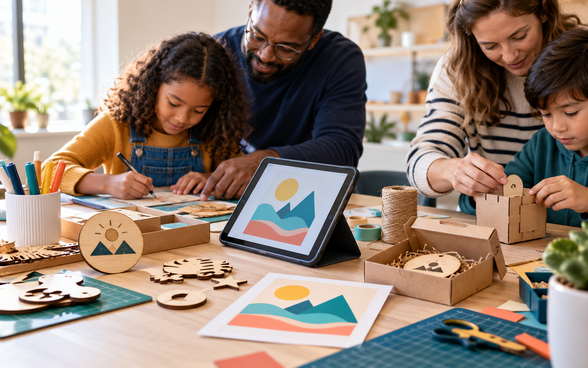 A diverse family team beginning a guided hands-on and digital creation project