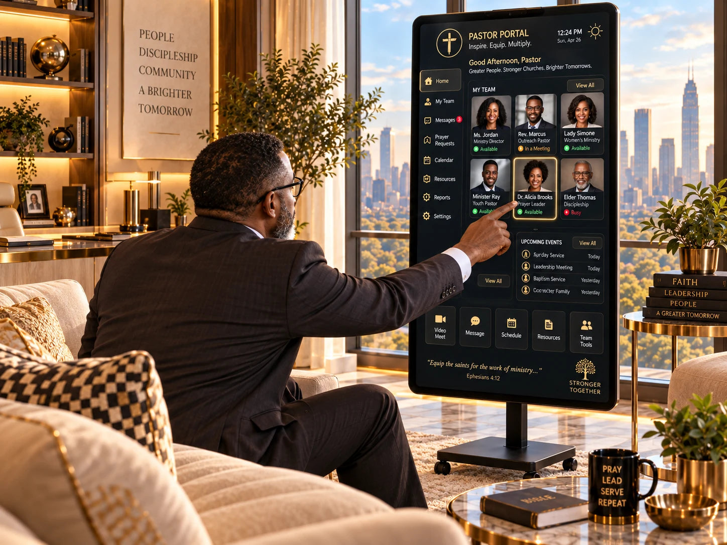 A pastor preparing ministry in a warm golden office; concept artwork