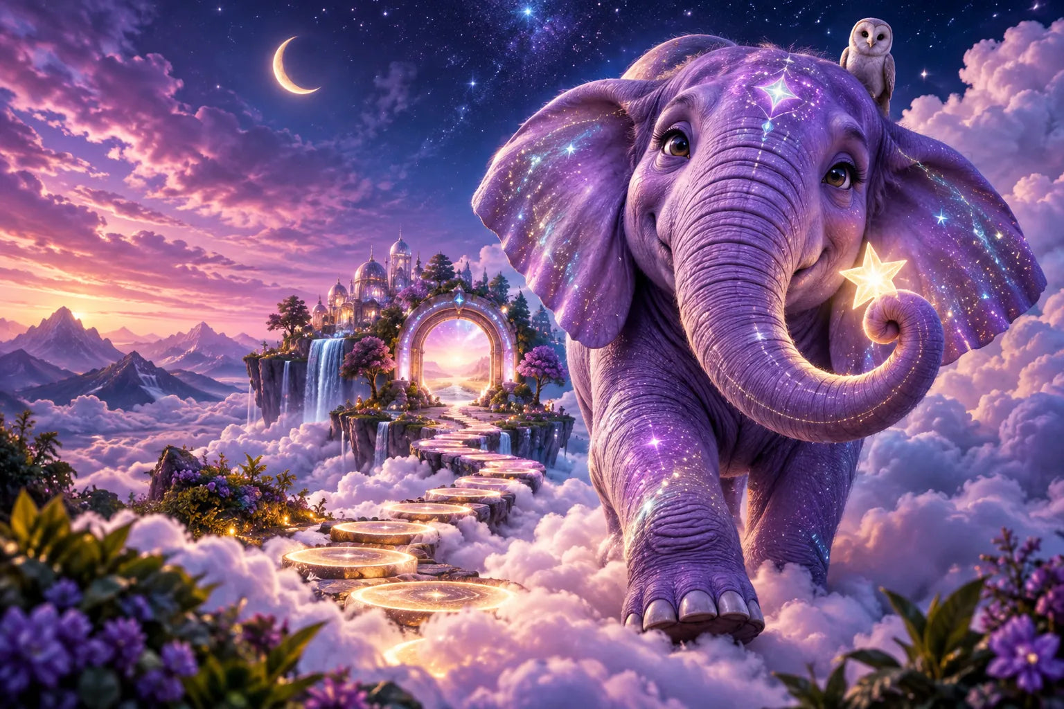 A luminous violet elephant invites you into a star-filled dreamscape